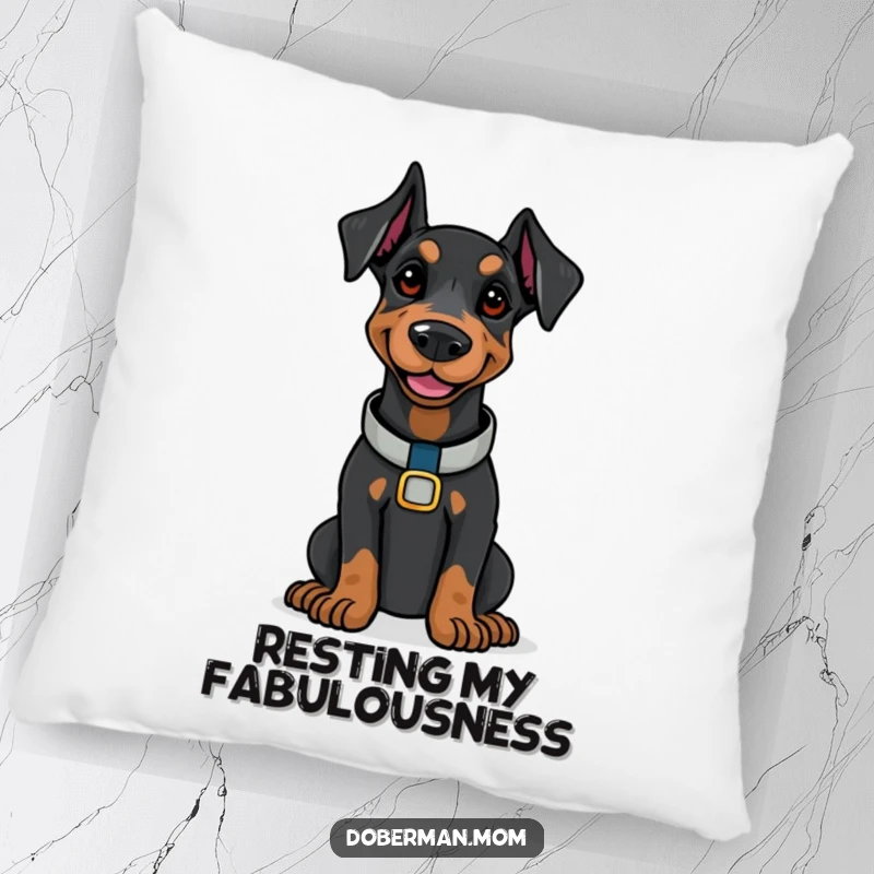 Doberman wearing a polished collar, smiling with quiet confidence, featured on a soft funny pillow.
