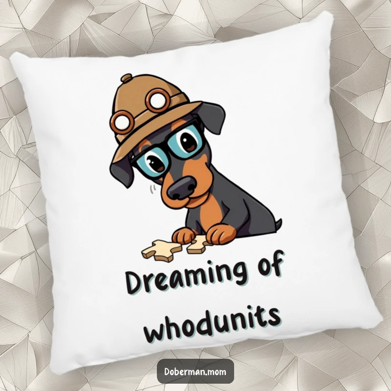 Funny Doberman detective pillow depicting a focused dog in a fedora, actively engaged in solving a puzzling mystery.