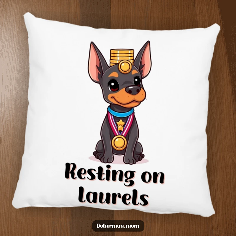 Funny Doberman pillow showcasing a dog balancing a stack of shiny medals on its head with grace.