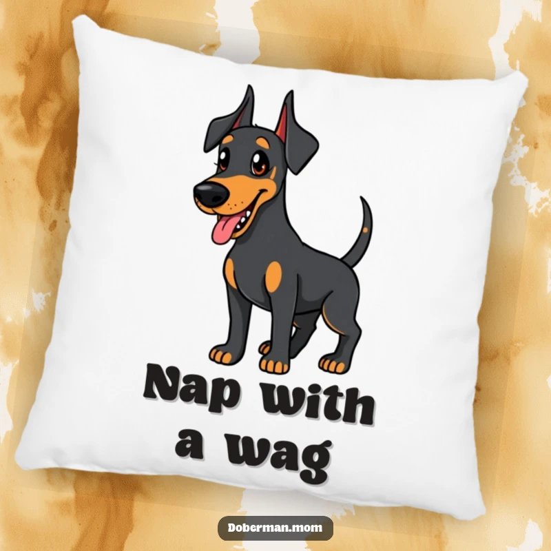 Funny Doberman pillow, friendly dog wagging its tail eagerly, conveying warmth and joy, perfect for cozy relaxation.