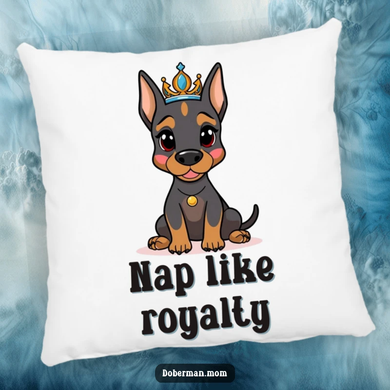 Funny Doberman dog adorned with a tiara, resting regally on a soft pillow, adding humorous sophistication to home decor.