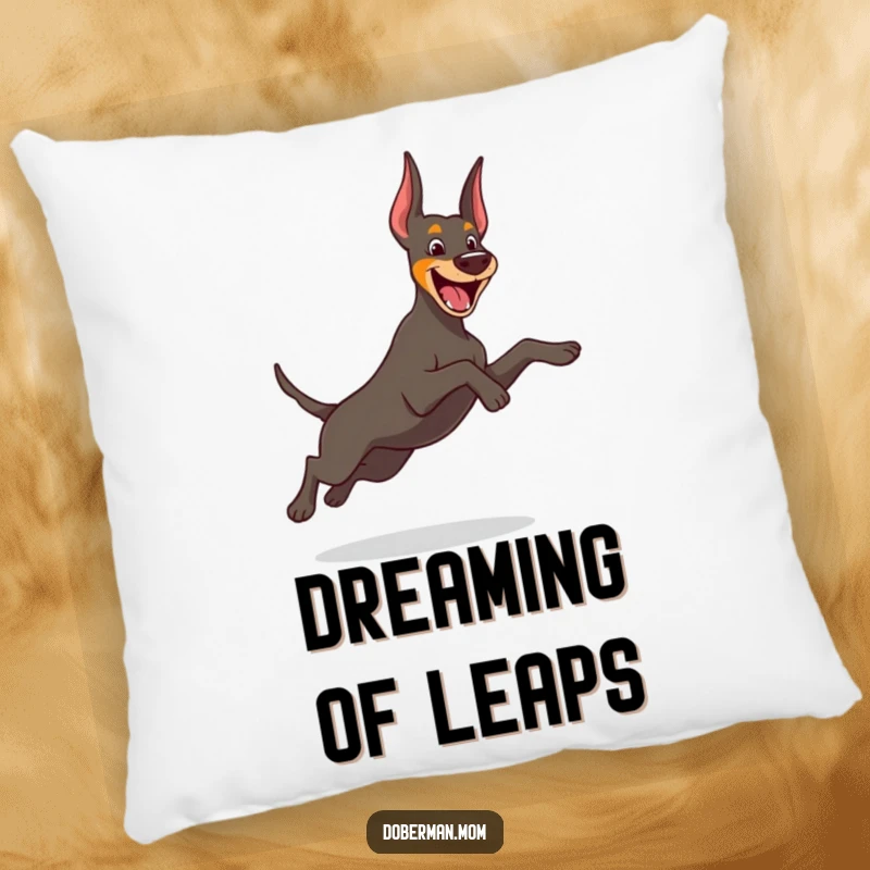 Funny Doberman pillow featuring a cheerful dog mid-playful, graceful leap, bringing energetic humor and comfort.