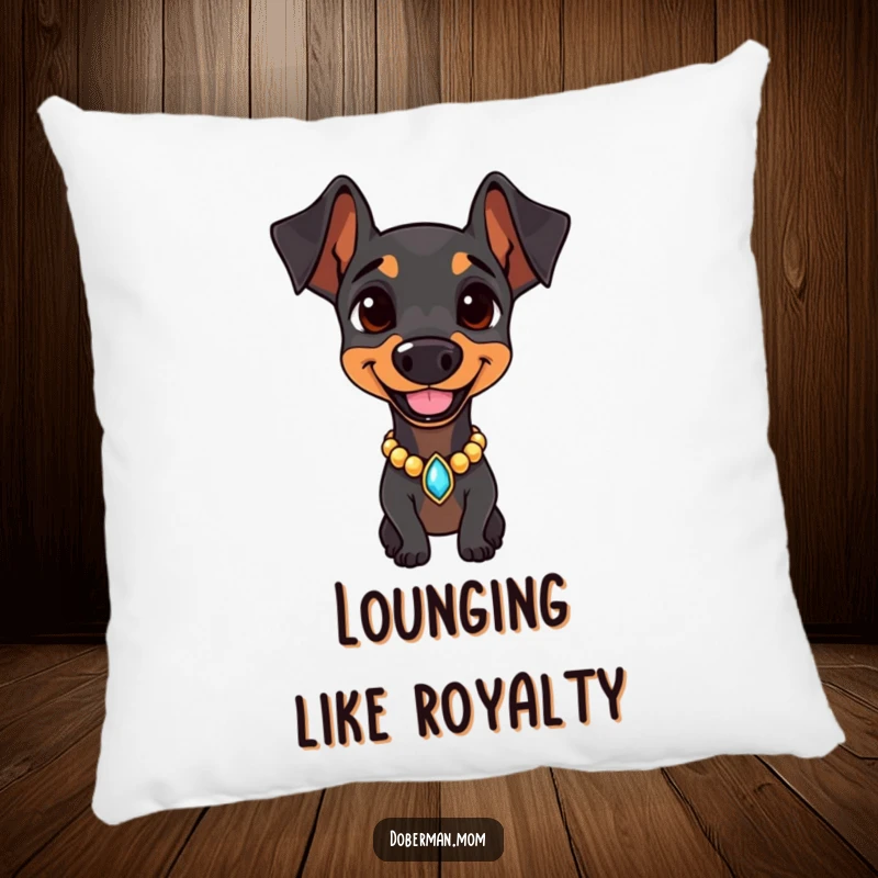 Doberman with a jeweled collar, smiling confidently on a decorative pillow, offering plush comfort and sophisticated style.