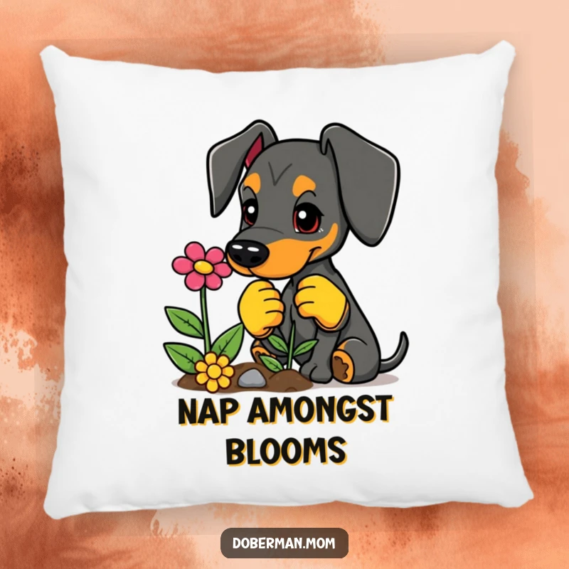 Funny decorative pillow featuring a Doberman in gardening gloves planting a flower, adding cozy charm.