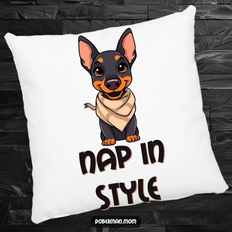 Funny Doberman pillow showing a confident Doberman with a stylish smile and a small scarf, perfect for adding a touch of class.