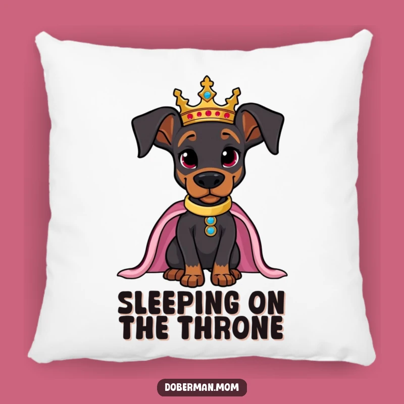 Funny Regal Doberman Pillow: Crowned Pup Cushion, Cozy Throne Decor