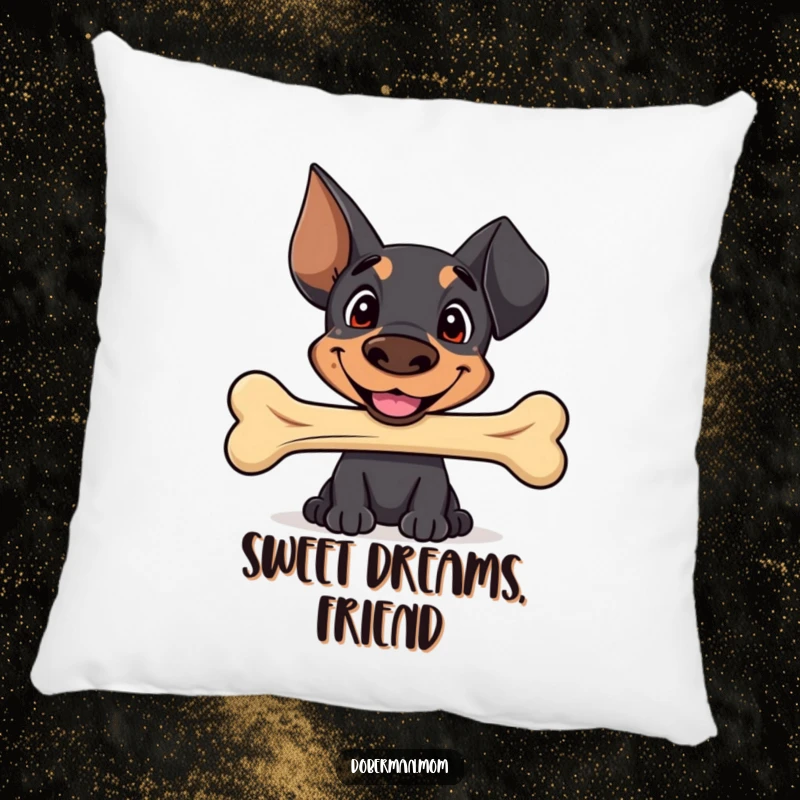Funny Sweet Doberman pillow with a happy smile, offering a well-worn bone, providing adorable comfort and heartwarming humor.