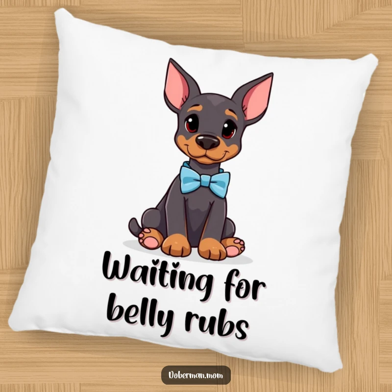 Funny Doberman pillow featuring an attentive dog wearing a bow tie, offering comfort and a touch of sophisticated humor to living spaces.