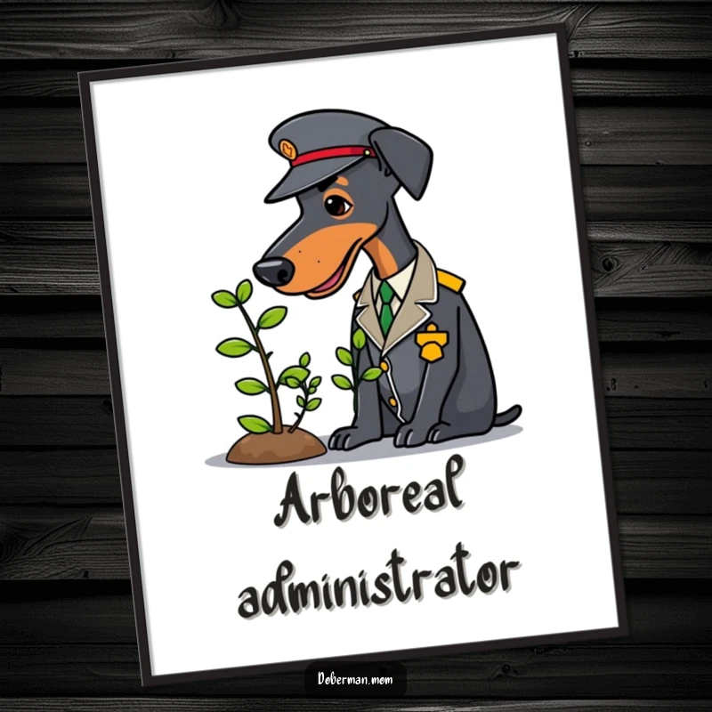 Uniformed Doberman gently tending a small sapling, available as instant download funny digital art.