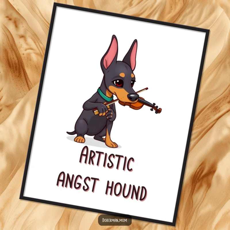 Funny Doberman focused on playing a tiny violin, available as instant download funny digital art.