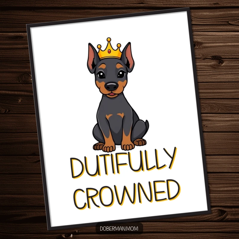 Funny Doberman dog wearing a tiny crown, sitting attentively as digital art, perfect for humorous royal decor.