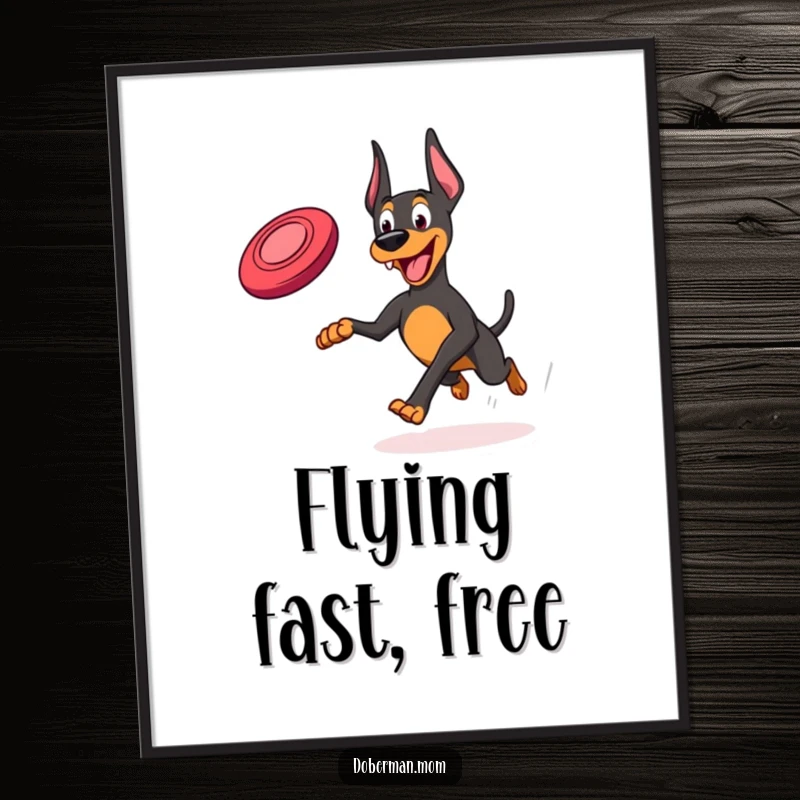 Funny Frisbee Doberman Digital Print: A Doberman joyfully running with a frisbee, ready to add dynamic energy to your walls.