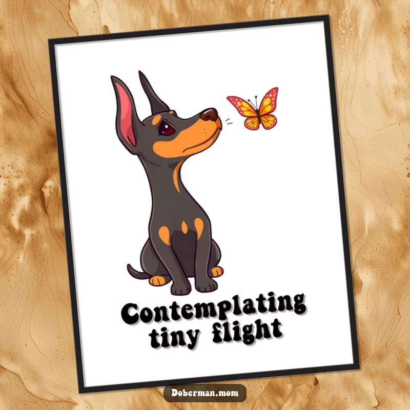 Funny Doberman digital art print, showing a dog curiously watching a butterfly, perfect for instant home decor.