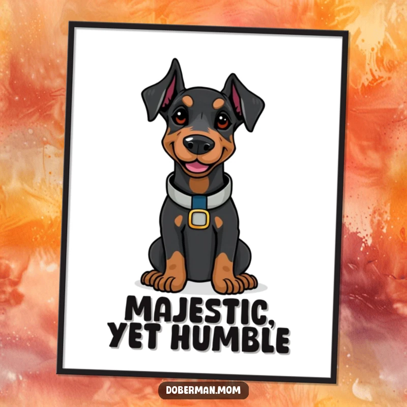 Doberman wearing a polished collar, smiling confidently, available as instant download funny digital art.
