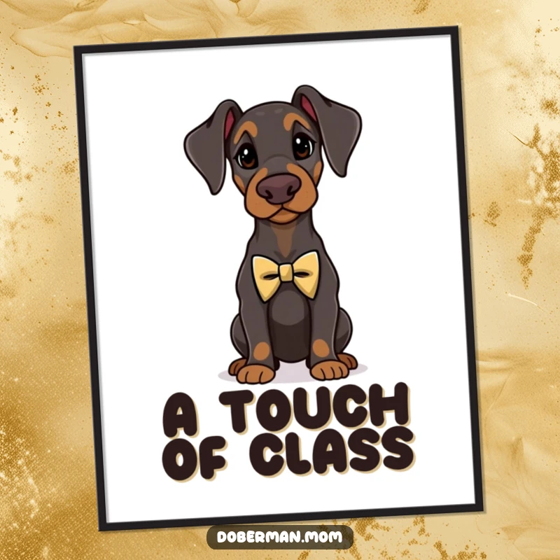Funny Doberman standing proudly wearing a tiny, elegant bow tie, as a downloadable digital art print.
