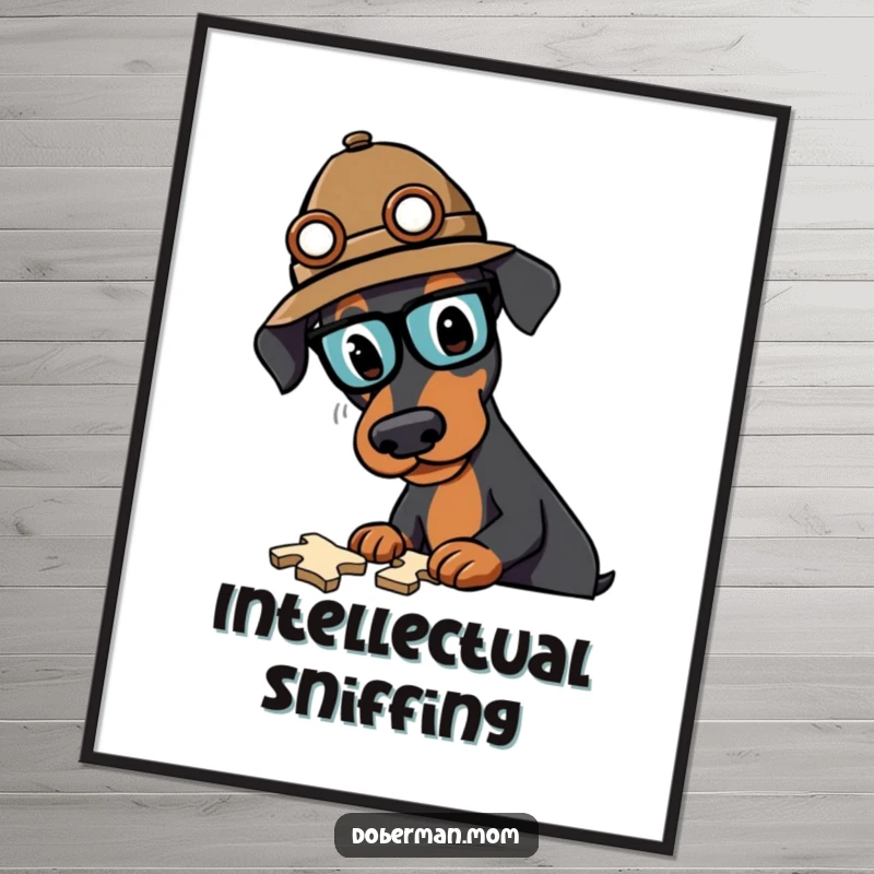Funny Doberman detective digital art print of a dog in a hat, brilliantly solving a complex puzzle, ideal for humor.