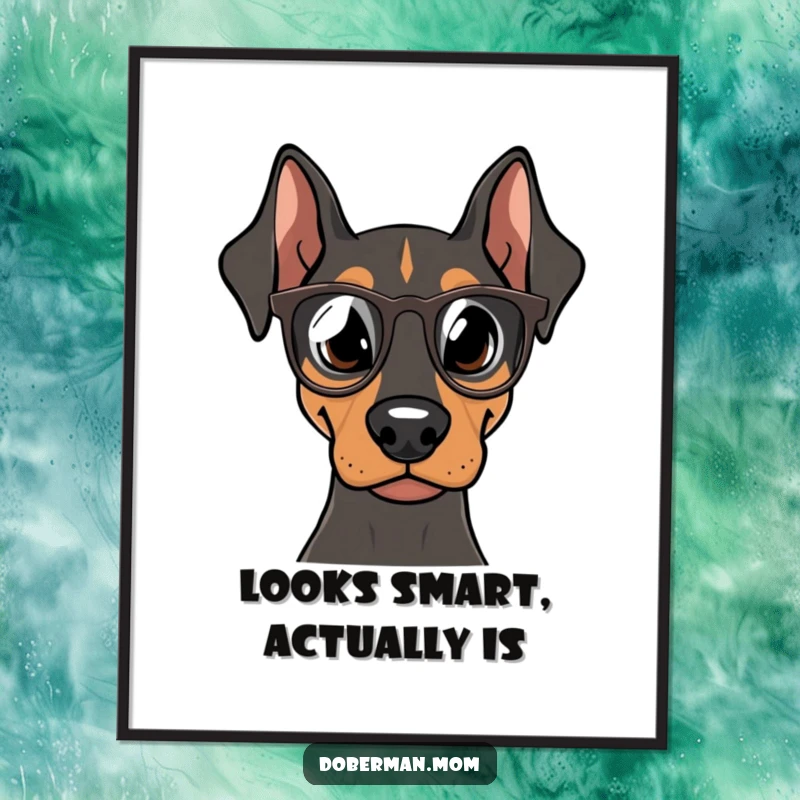 Funny Doberman Intellectual Art Print, a focused Doberman in tiny spectacles, conveying intelligence, a humorous digital art gift.