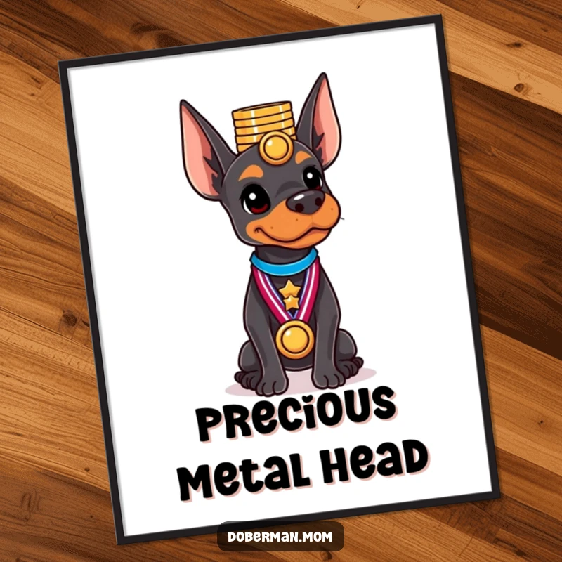 Funny Doberman digital art print of a dog gracefully balancing a tall stack of shiny medals on its head.