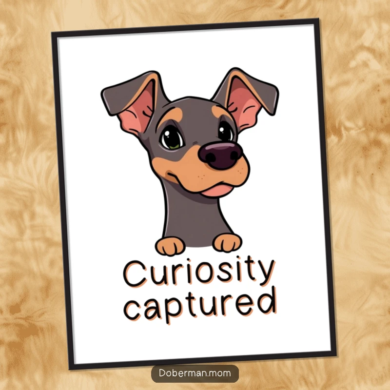 Funny Digital Art Print: Alert Doberman character with ears pricked, curiously sniffing the air, full of investigative spirit.