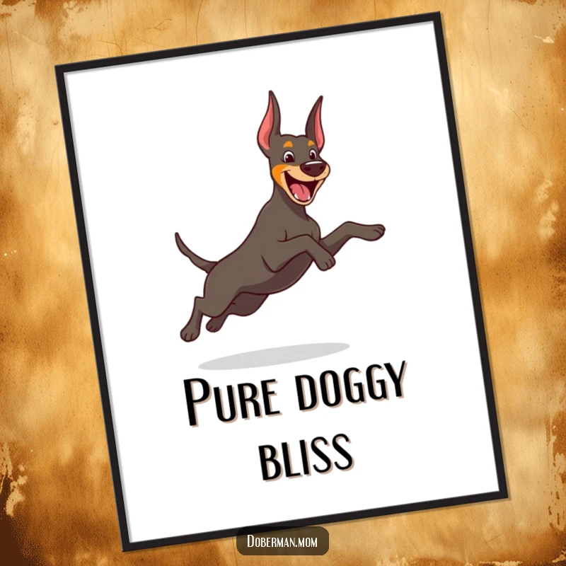 Funny Doberman digital art print of a cheerful dog in a graceful, playful leap, adding energetic humor to decor.