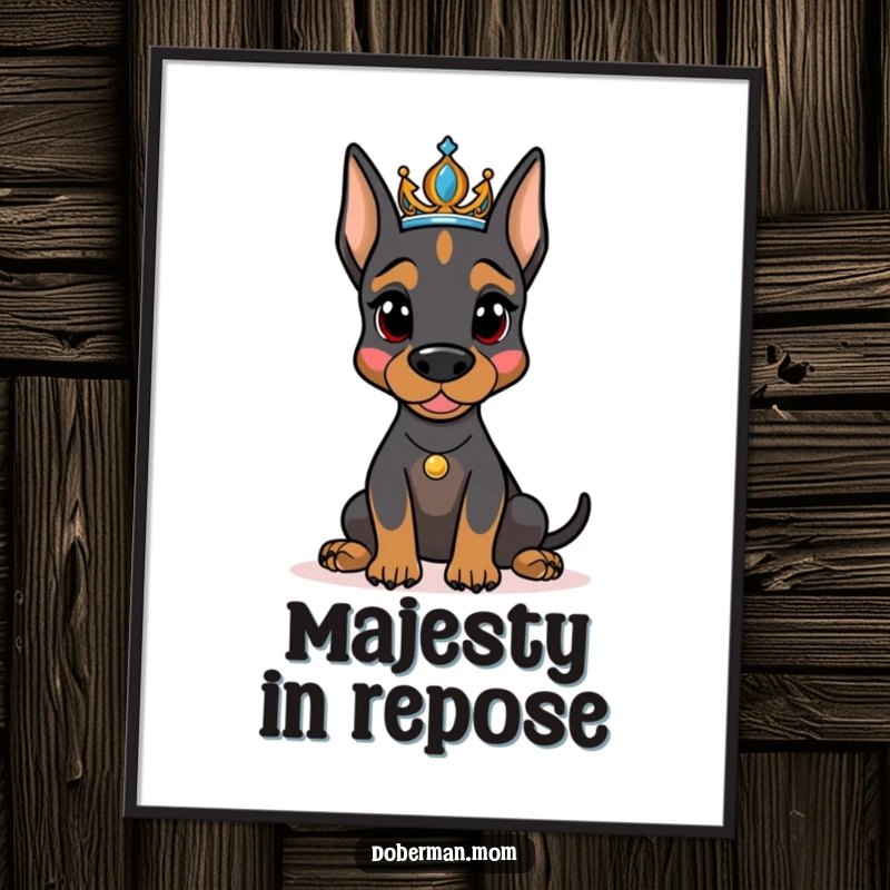 Funny Doberman dog wearing a sparkling tiara, posing majestically as a digital art print, bringing regal humor to walls.