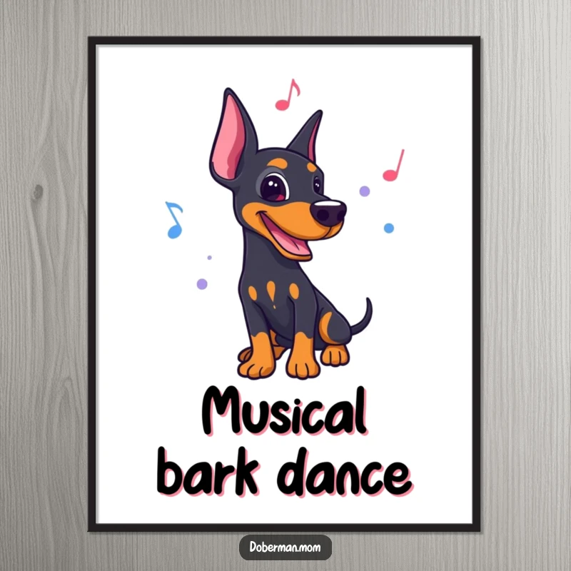 Funny digital art print of a Doberman dancing energetically to a lively rhythm with musical notes.