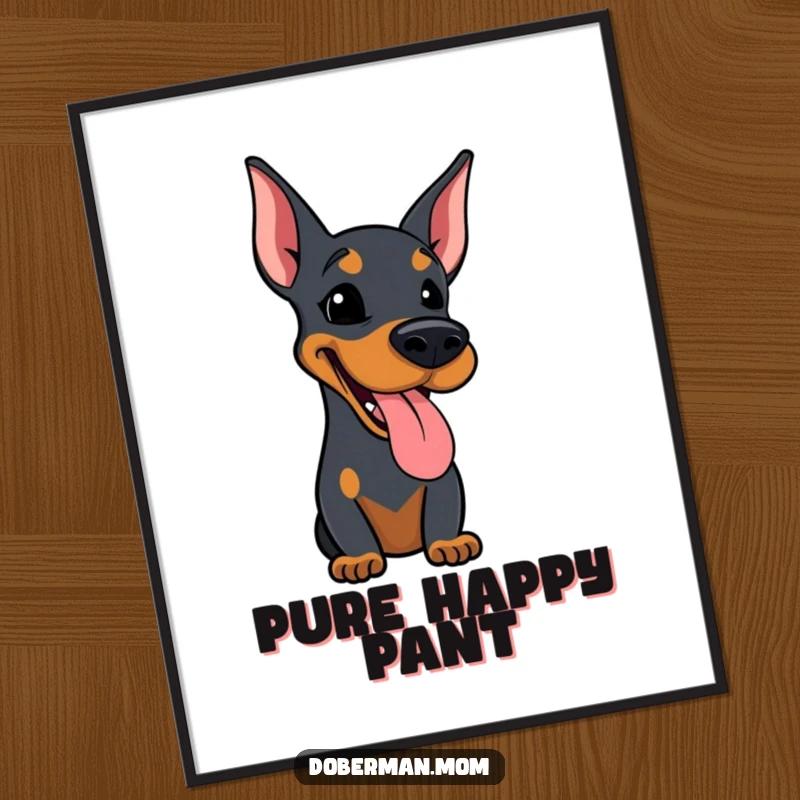 Funny digital art print of a Doberman dog with its tongue sticking out slightly, panting happily and looking content.