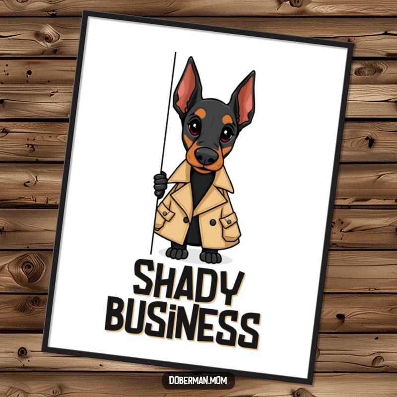 Funny digital art print of a Doberman in a trench coat, peeking around a corner, a humorous spy-themed piece.
