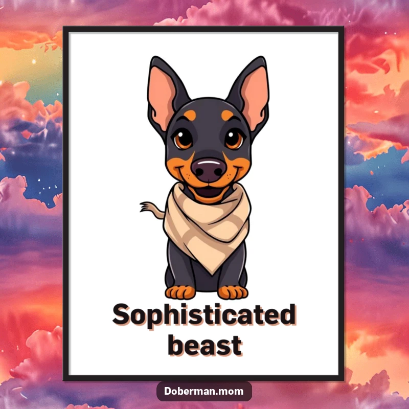 Funny Doberman digital art print of a confident Doberman with a stylish smile and scarf, exuding dapper charm and personality.
