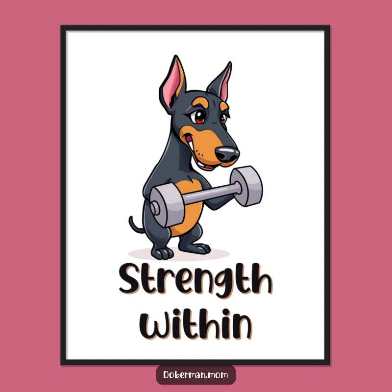 Funny Doberman Digital Art: Determined Dog Dumbbell Print, Wall Decor Gift