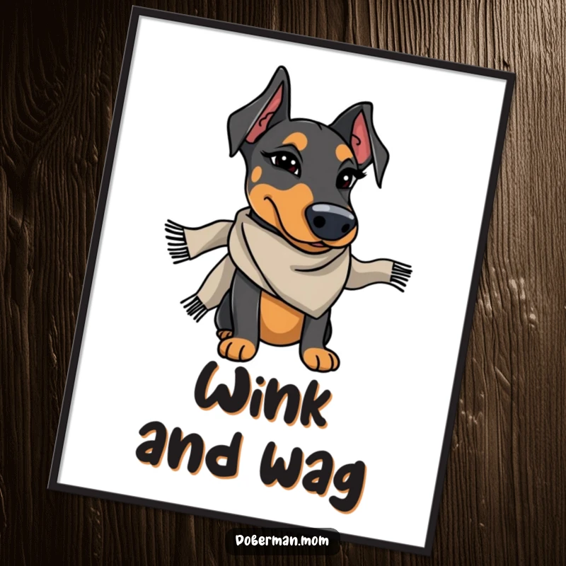 Funny Doberman wearing a stylish scarf winks charmingly, a high-resolution digital art print for instant style.