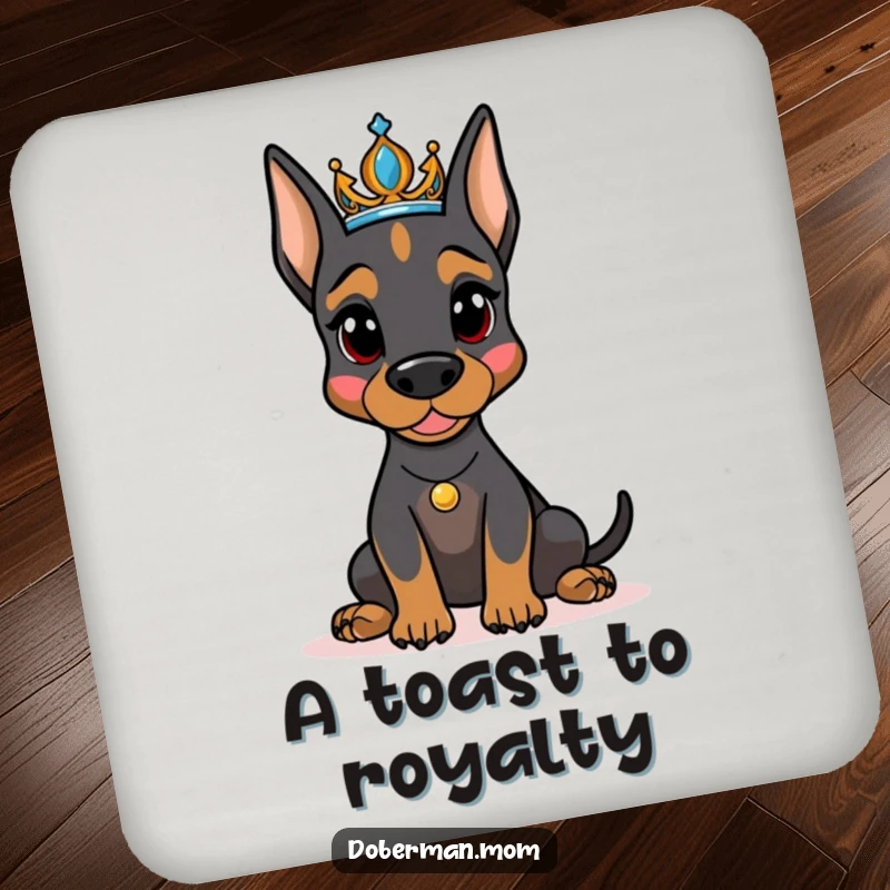 Funny Doberman dog wearing a tiara, looking regal on a drink coaster, protecting tables with humorous canine charm.