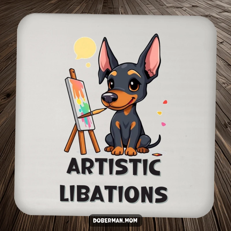Funny Doberman artist drink coaster showing a dog with a paintbrush, protecting surfaces with artistic flair.