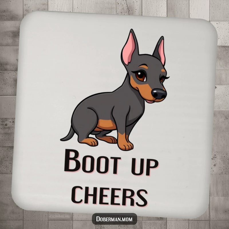 Funny Doberman coaster featuring a winking dog presenting a polished boot, offering surface protection with charm.