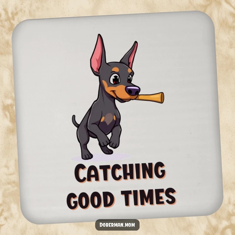 Funny Doberman with a determined gaze, retrieving a thrown stick, designed as a humorous drink coaster.