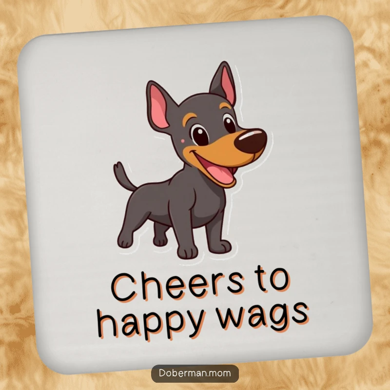 Funny Happy Doberman Coaster: A happy Doberman mid-bark, tail wagging, ready to protect your table with cheer.