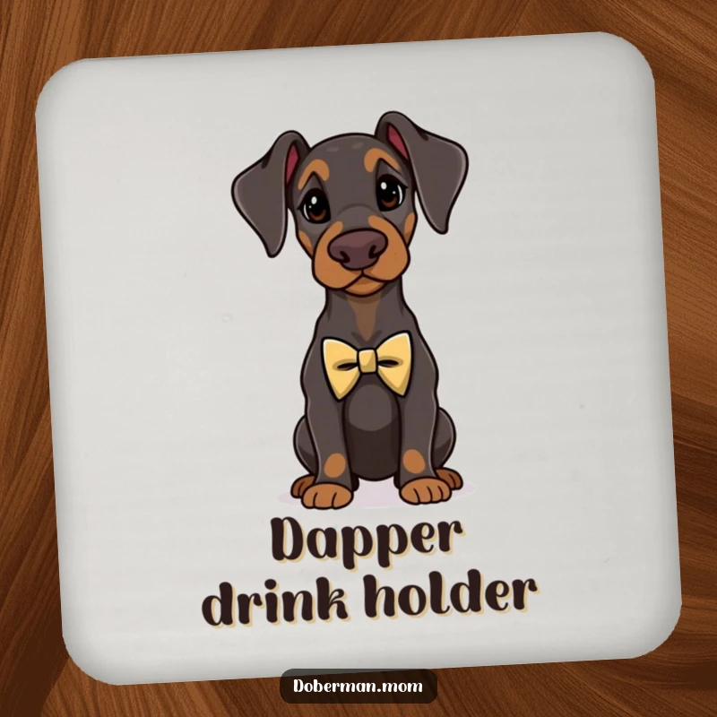 Funny Doberman standing proudly wearing a tiny, elegant bow tie, on protective drink coasters.