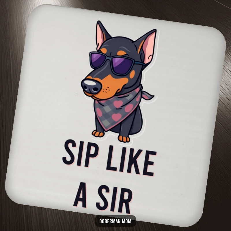 Funny Doberman Coaster: A regal Doberman in a stylish bandana protects your drink, adding a touch of humorous sophistication to any surface.