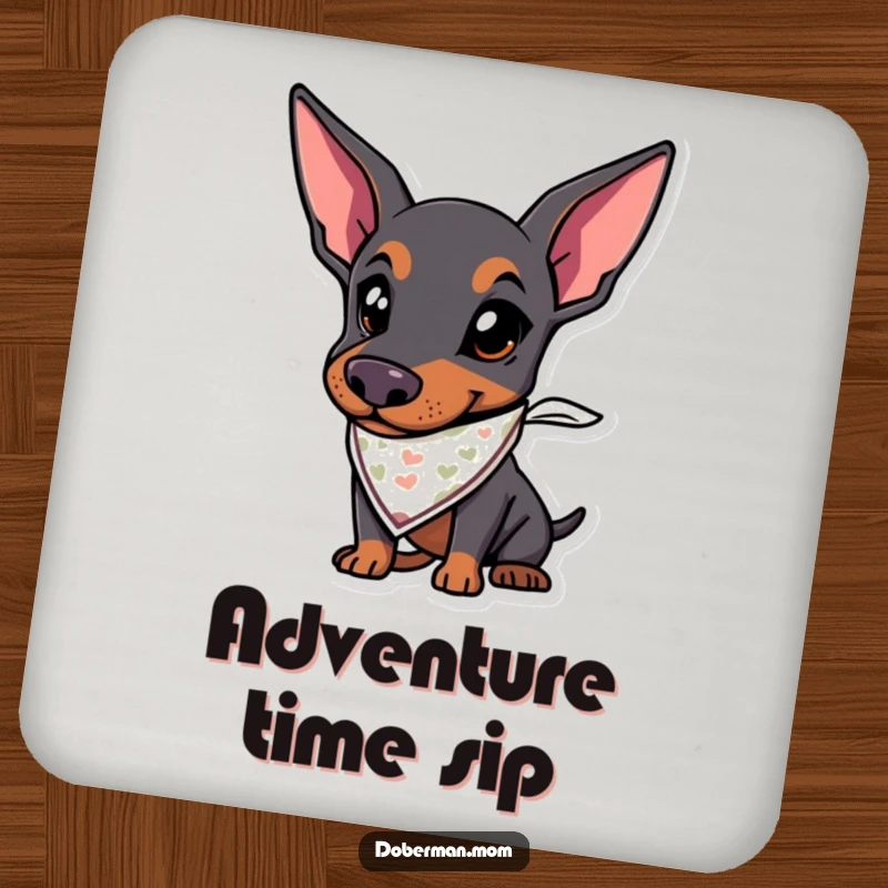 Funny drink coaster with a Doberman dog design, wearing a bandana and looking ready for exciting adventures.