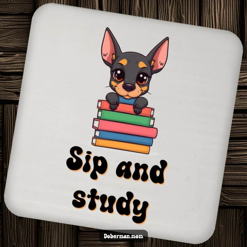 Funny Doberman Book Stack Coaster: a dog balances books with determination; protects surfaces with humorous, intellectual flair.