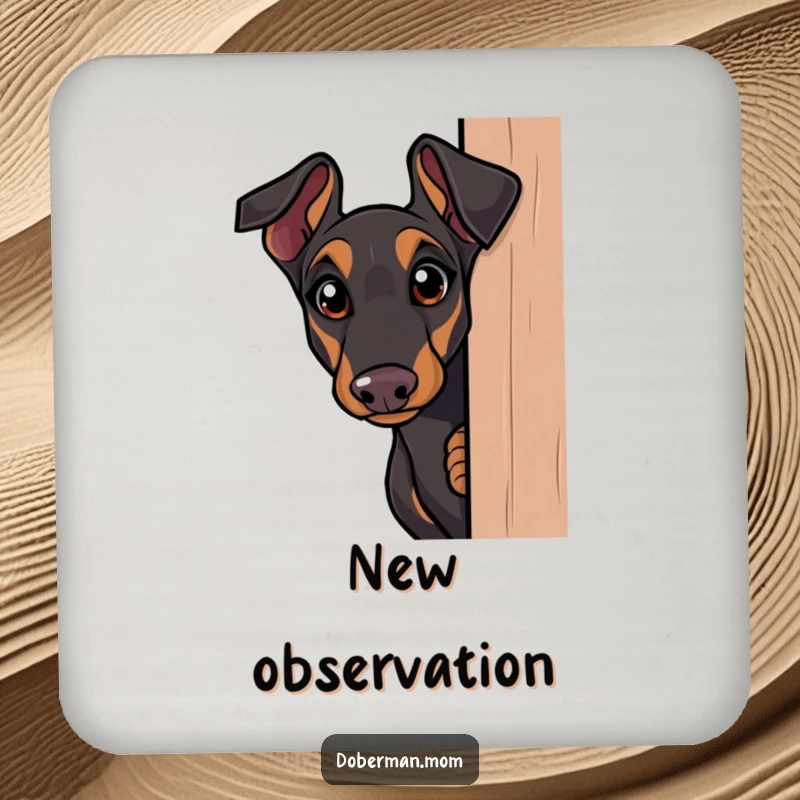 Funny Doberman coaster set, curious dog peeking around a corner with wide eyes, humorous and protective for tabletops.
