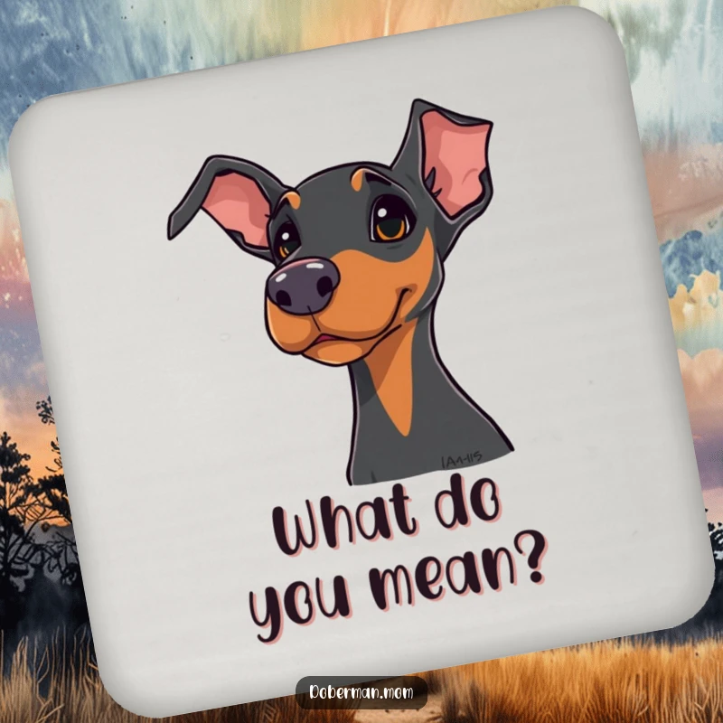 Funny Doberman drink coasters showcasing a dog with a curious head tilt, protecting surfaces with humor.
