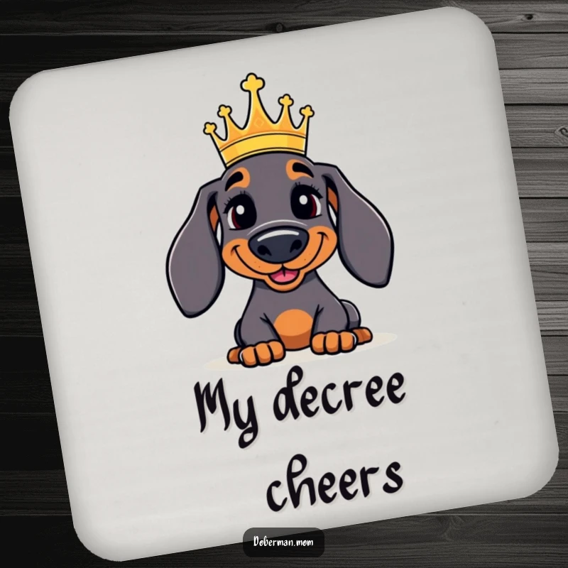 Funny Doberman Drink Coaster: A jolly Doberman wearing a small crown, adding a regal and humorous touch to drink protection.
