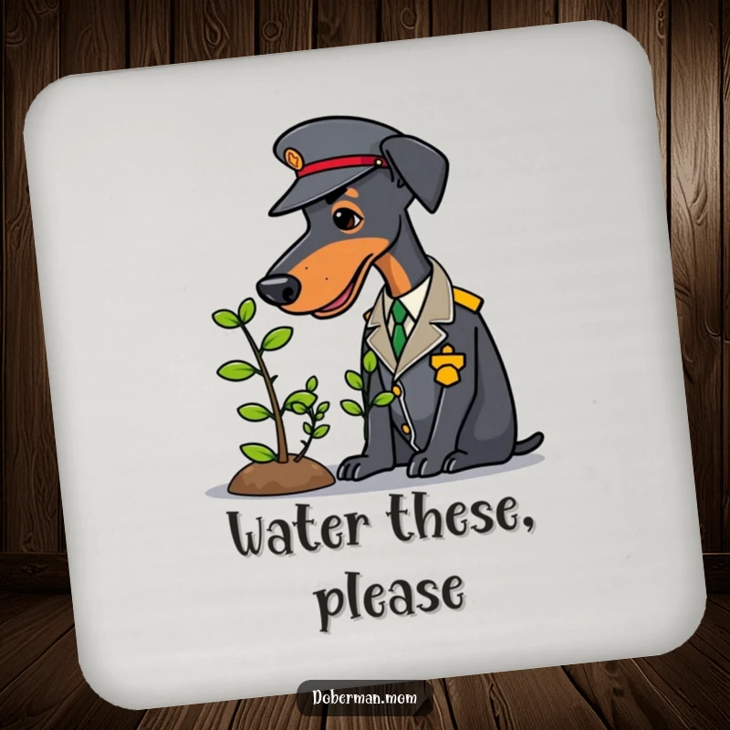 Uniformed Doberman carefully tending a small sapling, displayed on a set of funny drink coasters.