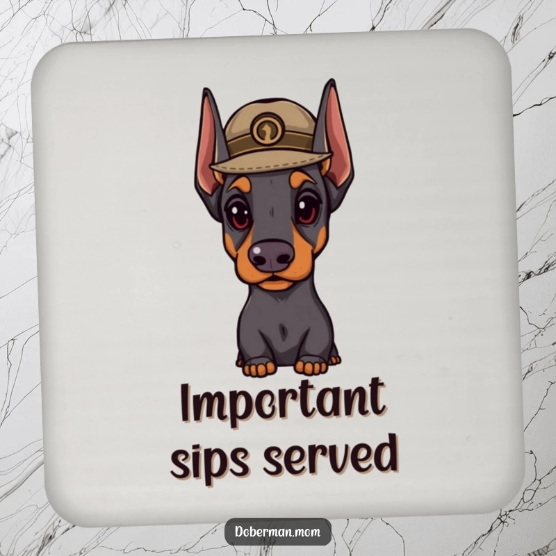 Funny Doberman hat coaster showing a distinguished dog in a small hat looking important, protecting surfaces with style.