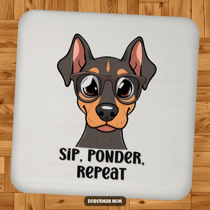 Funny Doberman Scholar Coasters, a Doberman in tiny spectacles, protecting surfaces, a humorous and practical gift.