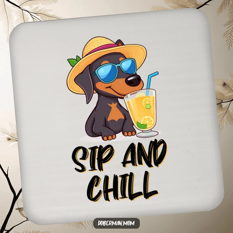 Funny Doberman dog wearing a sun hat and sipping a drink, a humorous coaster for summer.