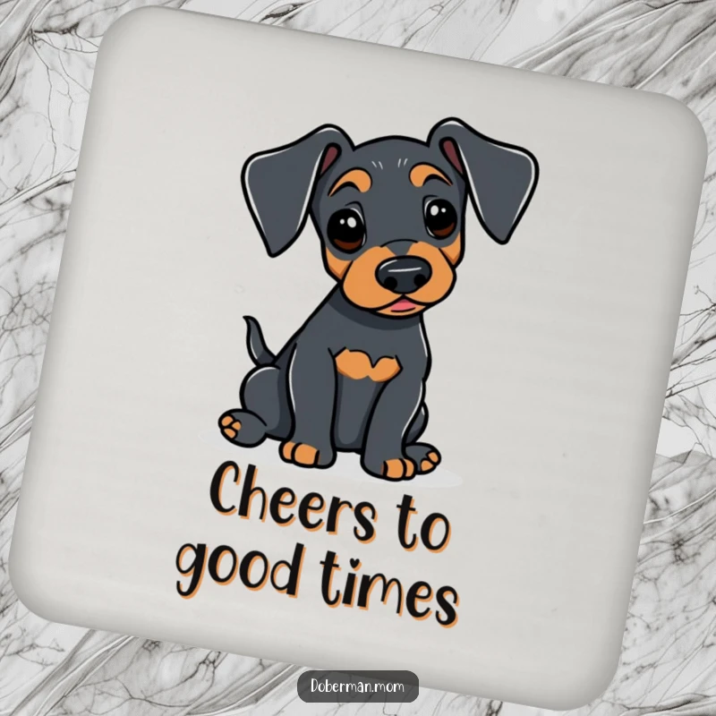 Funny Doberman drink coaster with an alert dog gently wagging its tail, offering subtle and happy protection for tabletops.