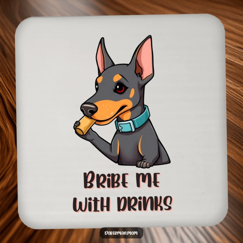 Funny Doberman drink coaster with a dog in a fashionable collar playfully nudging a treat, offering cute and humorous protection for tabletops.