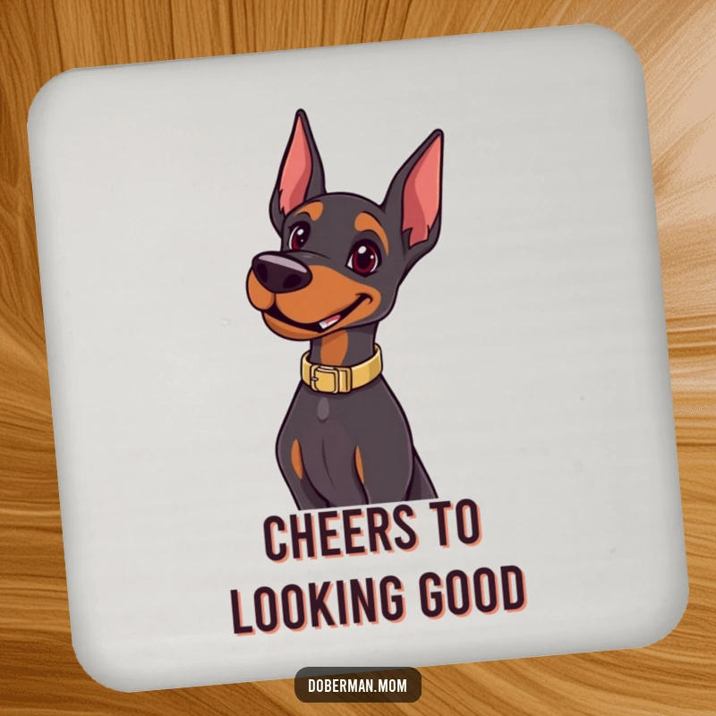 Funny Happy Doberman Pose Coaster: a dog poses confidently; protects surfaces with humorous, stylish flair.
